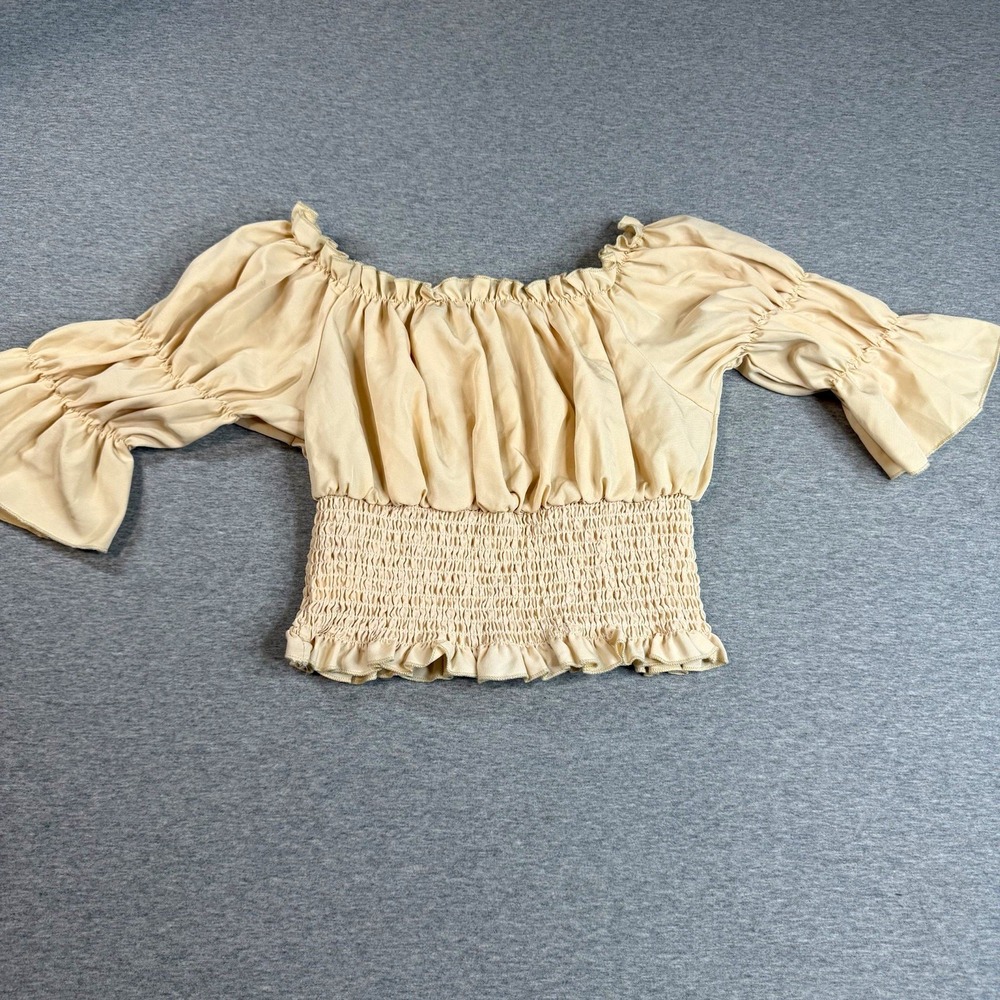 Renaissance Peasant Crop Top Off Shoulder Smocked Waist Puff Sleeve Beige Medium